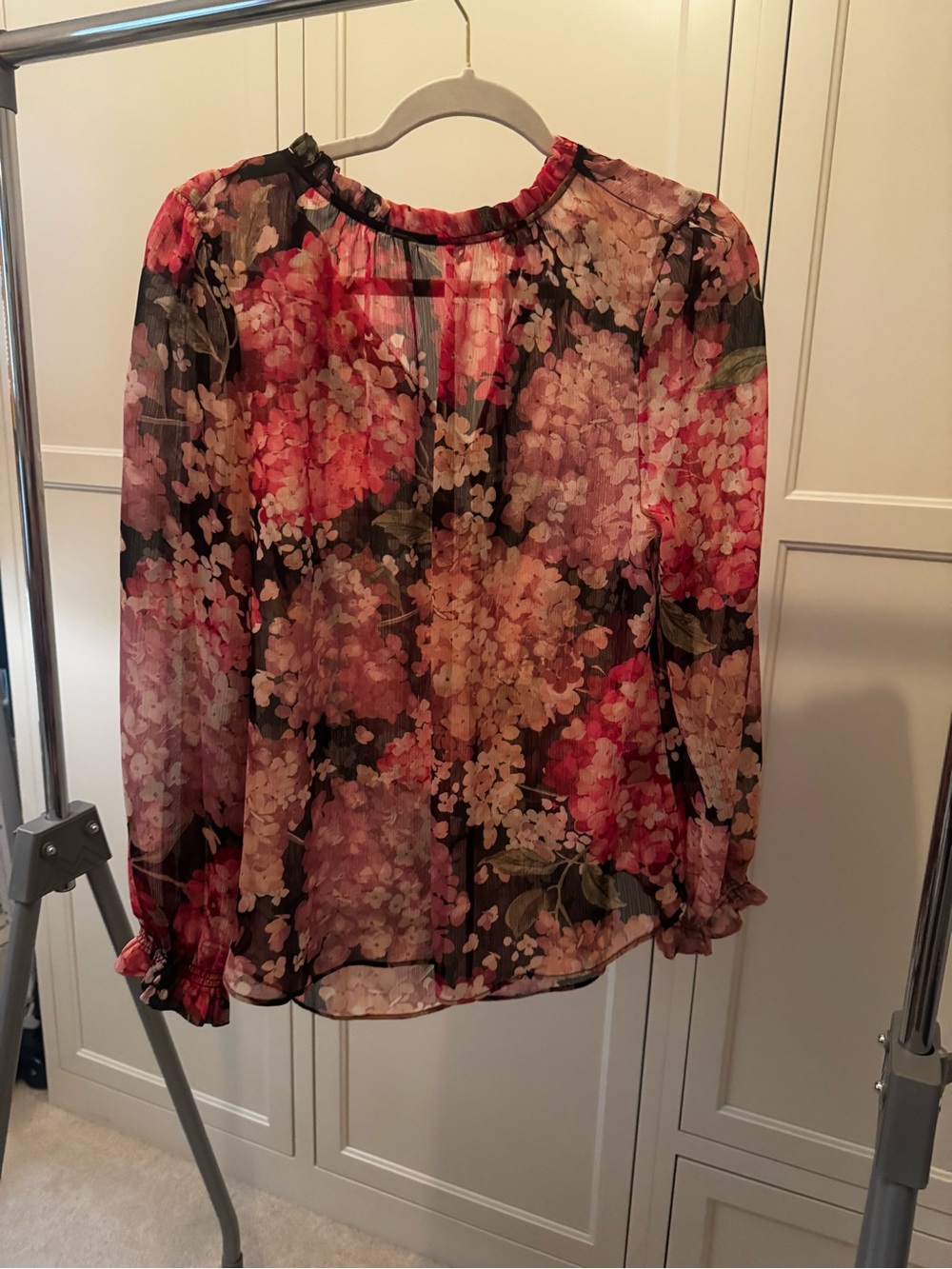 H&M Floral Sheer Long-Sleeve Blouse in Pink and Black